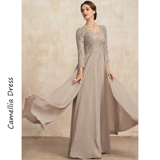Simple V-Neck Mother Of The Bride Dress A Line Formal Dresses Chiffon Lace With Sequins Vestidos Mae Da Noiva Casamentos