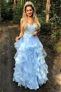 Light Blue Tulle Prom Dresses Edge Curl V-neck A-line Wedding Dress Lace Embroidery Floor-Length Vestidos De Fiesta