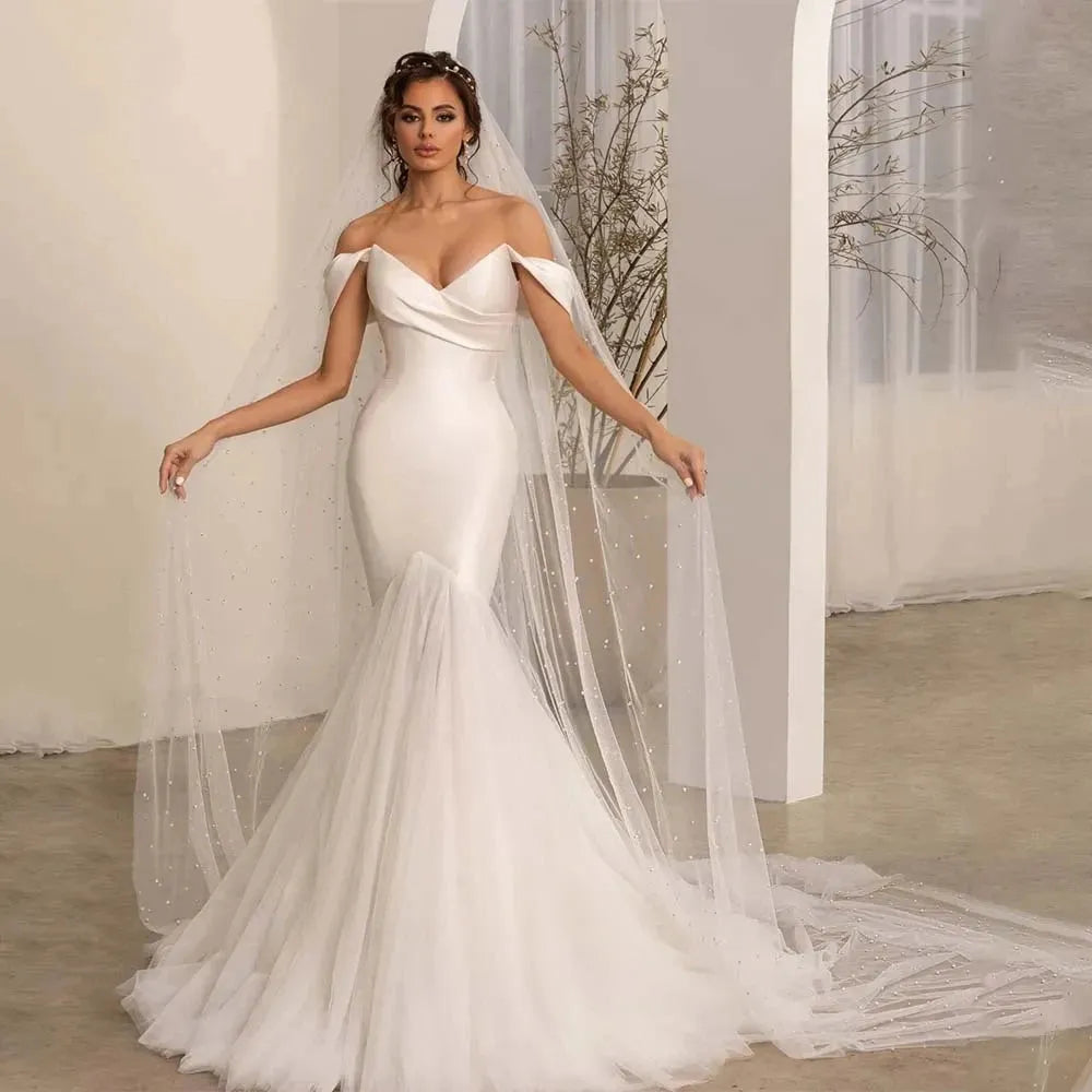 Bohemian Wedding Dresses Fashion A-Line Beautiful Satin Mermaid Off Shoulder Mopping Bride Gowns Sexy Backless Sleeveless White