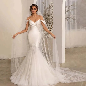 Bohemian Wedding Dresses Fashion A-Line Beautiful Satin Mermaid Off Shoulder Mopping Bride Gowns Sexy Backless Sleeveless White