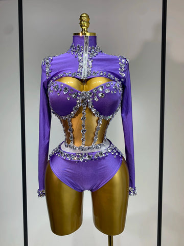 Sparkly Diamonds Three Pieces Set Stage Performance Women Designer Nightclub Birthday Party Singer Stage Activity Outfit PURPLE