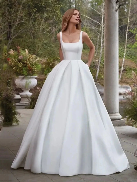 Simple Wedding Gowns Elegant Satin A Line Bride Dress With Pocket Spaghetti strap Backle Customize Measure Stunning Bridal Gowns