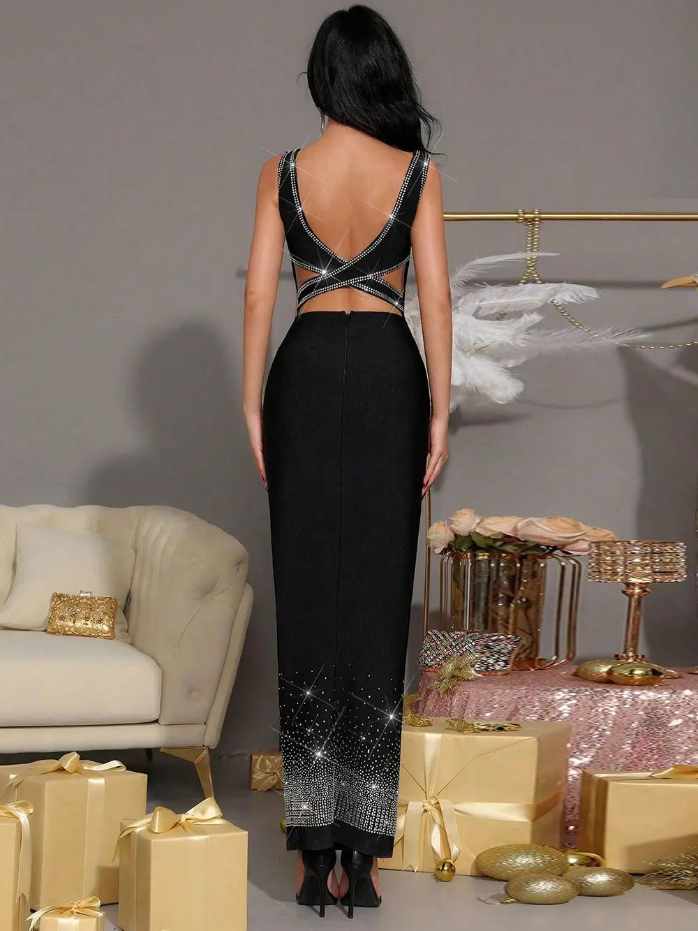 2025 Sexy Women'S Light Luxury Rhinestone Bandage Dress Camisole Sleeveless Bodycon Backless Black Long Dresses Party Vestidos