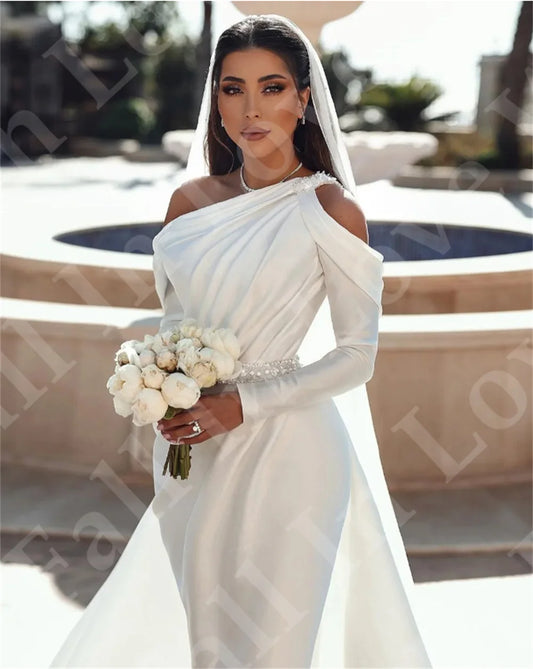 Sparkly Sequin Belt Wedding Dress Off-Shoulder Long Sleeves Satin Mermaid Pleats Floor-Length Vestidos Elegantes Para Mujeres