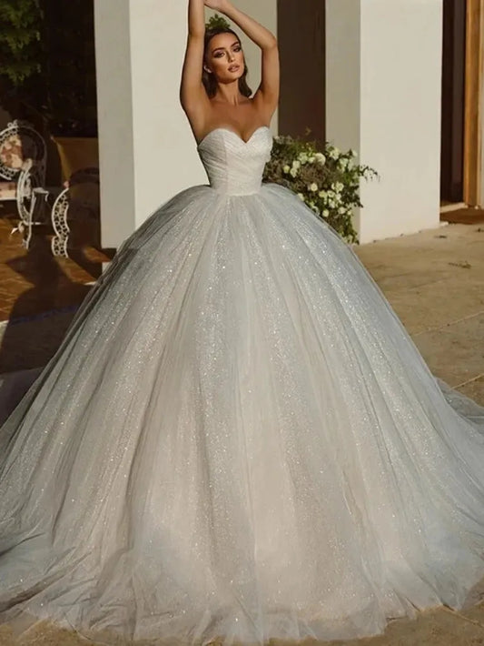 Luxury Sparkle Wedding Dresses Woman's A Line Sleeveless Sweetheart Ball Gowns Fuffy Organza Formal Bride Party Vestidos