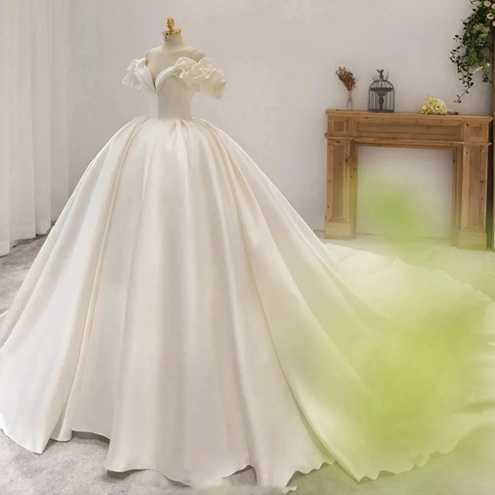 Off The Shoulder Flowers Short Sleeve Sweetheart Neck Lace Up Back Satin Ball Gown Wedding Dress With Chapel Train Beige