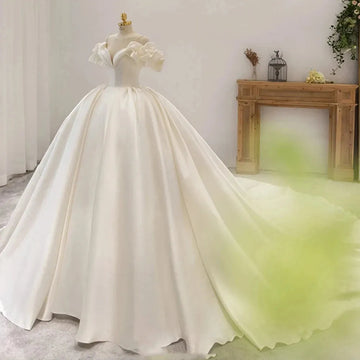 Off The Shoulder Flowers Short Sleeve Sweetheart Neck Lace Up Back Satin Ball Gown Wedding Dress With Chapel Train Beige