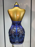 Sexy Sparkly Rhinestones Chains Blue Mesh Mini Dress 2025 New Women Party Celebrate Birthday Dresses Photo Shoot Stage Outfit