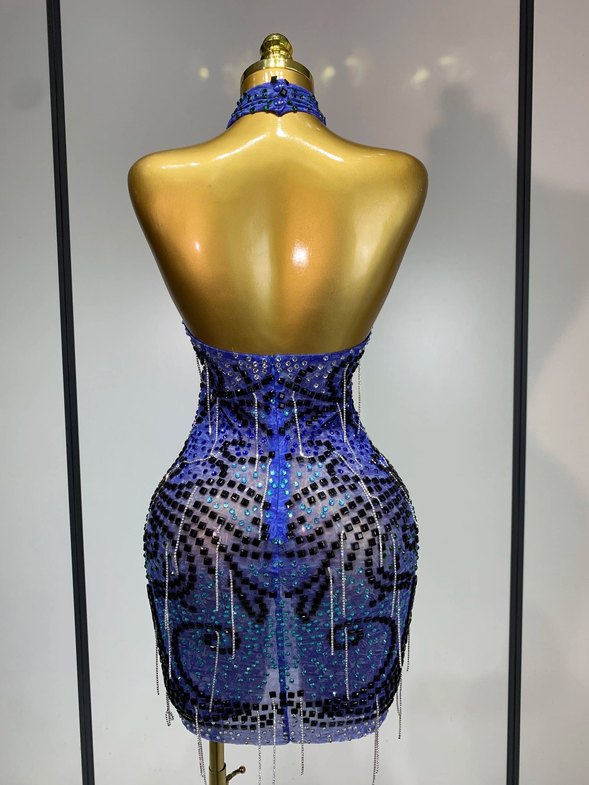 Sexy Sparkly Rhinestones Chains Blue Mesh Mini Dress 2025 New Women Party Celebrate Birthday Dresses Photo Shoot Stage Outfit