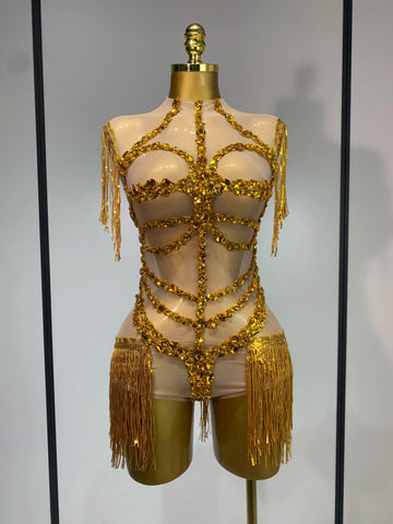 High Quality Luxury Rhinestone Sexy Mesh See Through Bodysuit Women Celebrate Birthday Party Club Singer Dancer Stage Outfit gold