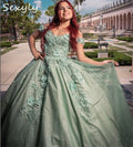 Sage Green Quinceanera Dress Sparkly Florals Off Shoulders Lace Up Fifteen Formal Occasion Party Gowns Princess Prom Customized