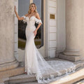 Sweetheart Mermaid Wedding Dress Off Shoulder Lace Appliques Modern Spandex Bride Gown Backless Train Robe de mariée White