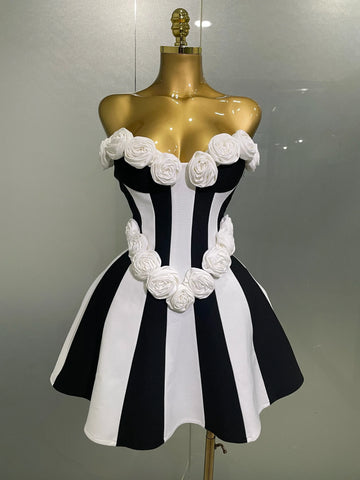 Women Flower Decoration Strapless Black White Stripe Bandage Short Dress Cocktail Party Elegant Evening Club Party Dress black