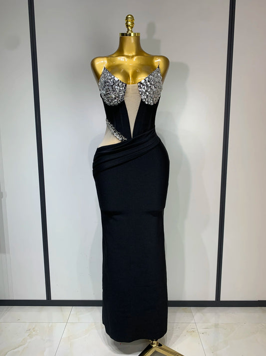 Women Sexy Evening Party Dress Crystal Beading High Quality Black Nightclub Prom Gown Formal Luxury Birthday Bandage Dresses black
