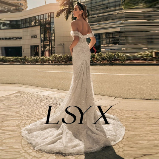 LSYX Off-Shoulder Shiny Tulle Mermaid Wedding Dress For Women Elegant Zipper Back Floor Length Bridal Gown Custom Made