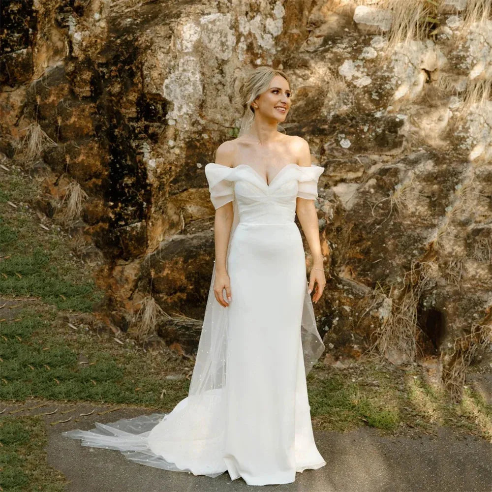 Simples elegante sereia vestidos de casamento organza fora do ombro co