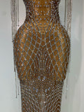Luxury Sparkly Rhinestones Tassel Transparent Mesh Stretch Long Dress Women Evening Celebrate Birthday Dress Sexy Stage Costumes