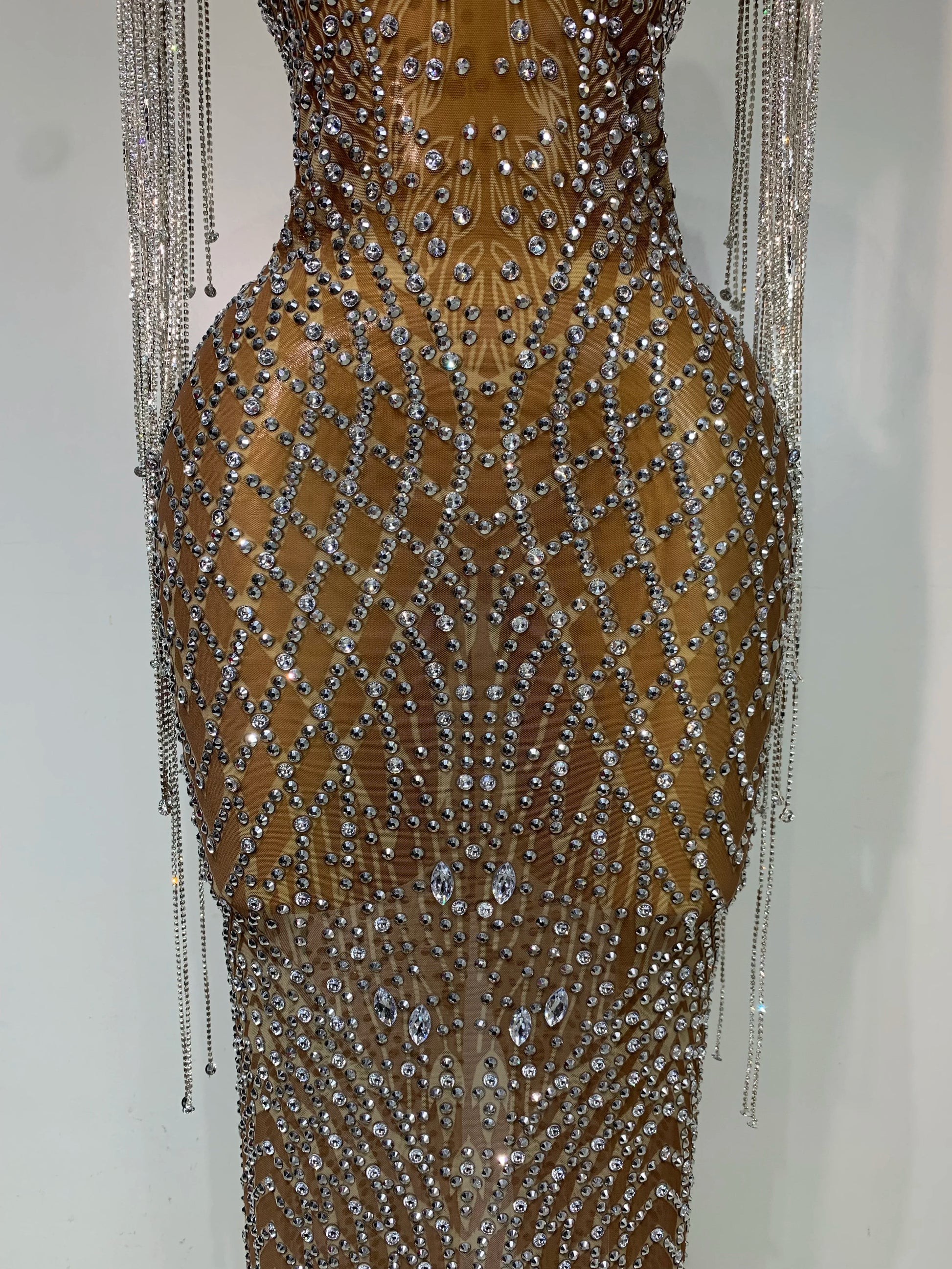 Luxury Sparkly Rhinestones Tassel Transparent Mesh Stretch Long Dress Women Evening Celebrate Birthday Dress Sexy Stage Costumes