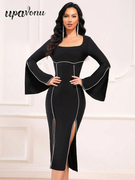 Women Light Luxury Rhinestone Bandage Dress With O-Neck Flared Sleeves Slim Fit Split Body Midi Dress Evening Club Party Vestido