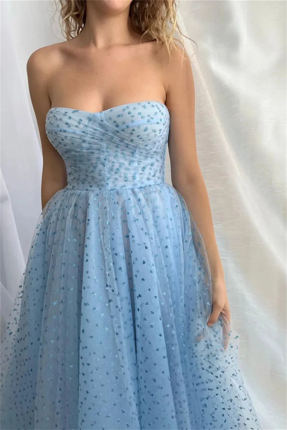 Light Blue Prom Dresses Off the Shoulder Tulle Wedding Dress Elegant Puffy Sleeves Sexy Side Split Vestidos De Fiesta