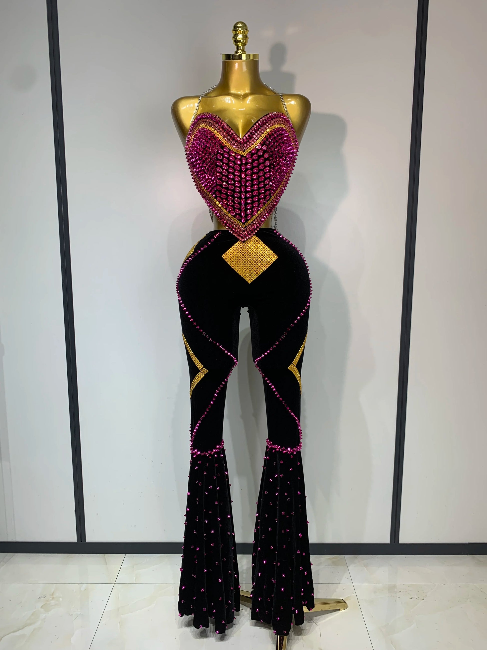 Women Sexy Backless Diamond Rivets Top Two Pieces Set Birthday Celebrate Evening Party Nightclub DJ Stage Performance Costume black