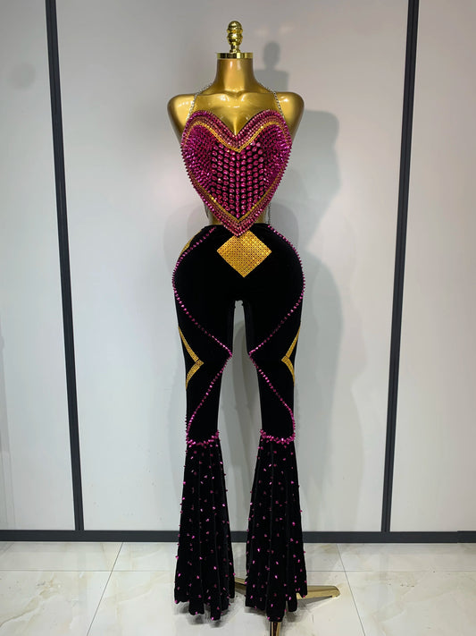 Women Sexy Backless Diamond Rivets Top Two Pieces Set Birthday Celebrate Evening Party Nightclub DJ Stage Performance Costume black