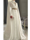 Embroidered Muslim Wedding Dresses Cape Long Sleeves High Neck customsized Bride Gown arabic dubai Gelinlik Ivory