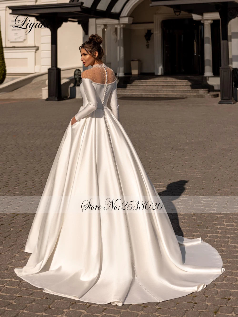 Liyuke Luxury Satin High Collar A-Line Bride Dress Full Sleeves Beading Pearls Of Neck Elegant Wedding Gowns