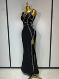 New Women Sexy Beading Black Maxi Long Bandage Dress Luxury Birthday Dresses Evening Club Party Knitted Bodycon Clothing