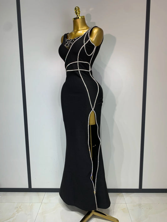 New Women Sexy Beading Black Maxi Long Bandage Dress Luxury Birthday Dresses Evening Club Party Knitted Bodycon Clothing