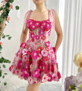 Sansa Sweet Fuchsia Flower Mini Prom Dress Princess 3D Lace Short A-line Vestidos De Noche With Pocket