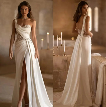 Sexy Wedding Dress 3D Flowers Appliques Mermaid Satin High Split Floor-Length Beach Bridal Party Gown Women Formal Evening Dress As Picture