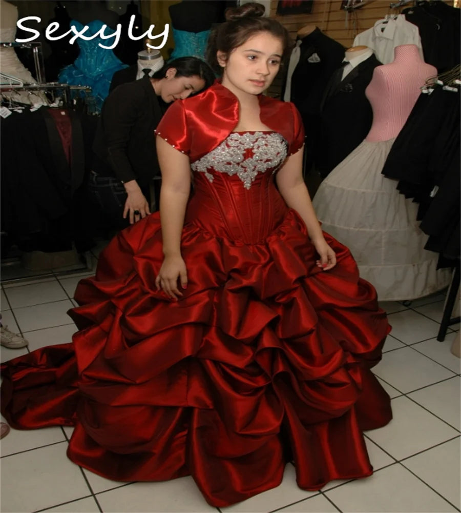 Customized Red Quinceanera Dresses With Jacket Tiered Ruffles Appliques Sweet 16 Birthday Dress Elegant Vestidos De Xv Mariage Red