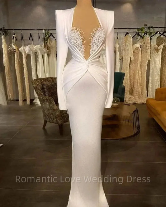 Luxury White Pearls Satin Mermaid Wedding Dress Sweetheart Long Sleeves Bridal Gown Robe Custom Made Vestidos De Novia