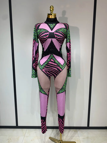 Sparkly Rhinestones Jumpsuit Women Sexy Nightclub Outfit Birthday Evening Party Bodysuit Stage Show Performance Photoshoot Wear MULTI