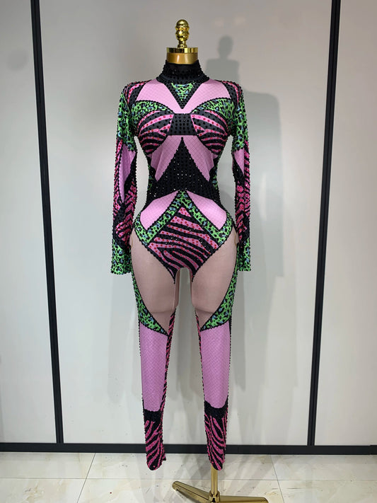 Sparkly Rhinestones Jumpsuit Women Sexy Nightclub Outfit Birthday Evening Party Bodysuit Stage Show Performance Photoshoot Wear MULTI