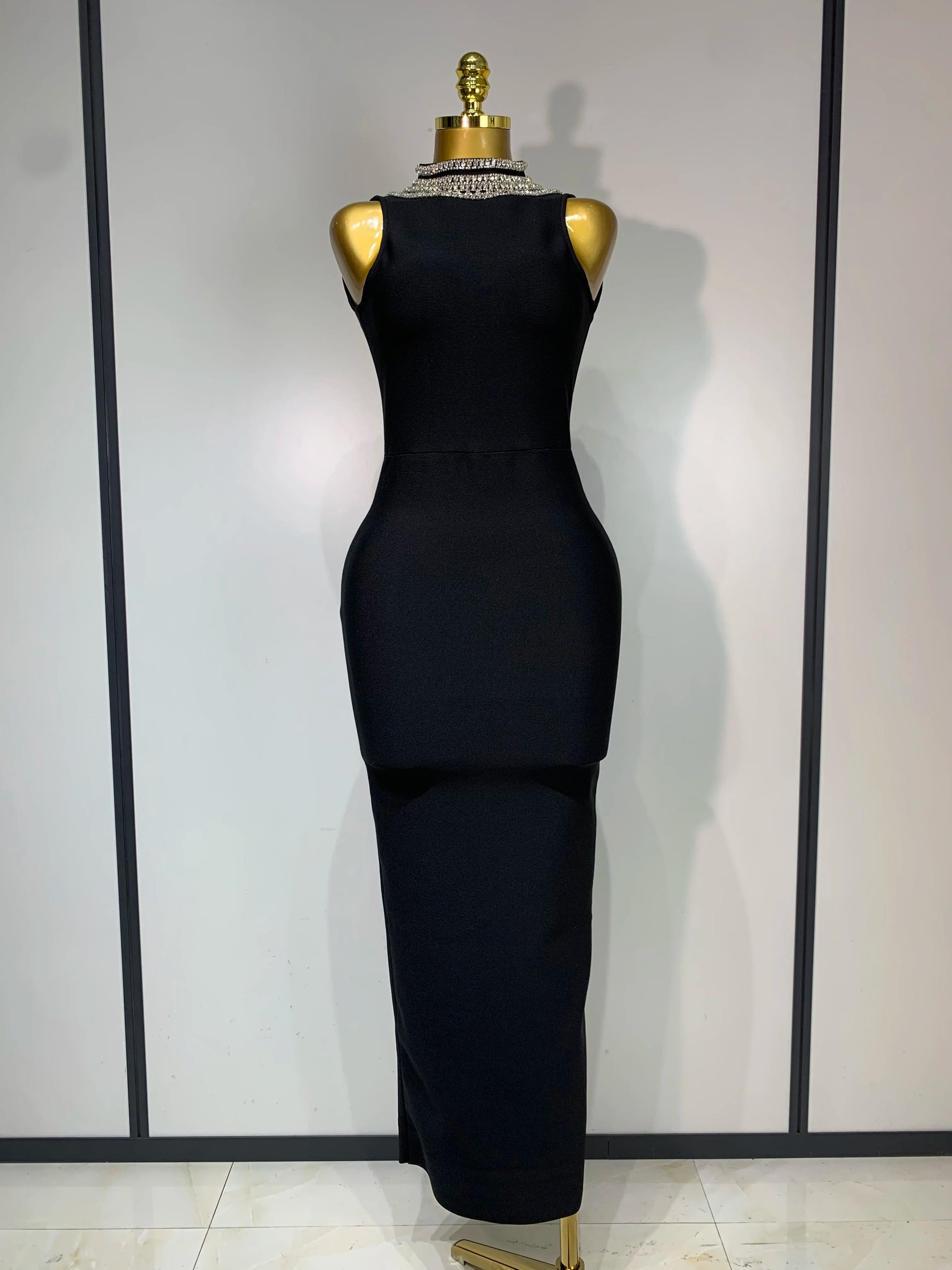 Celebirty Elegant Evening Party Vestido Women's Diamonds Beading Sleeveless Sexy Backless Bandage Dress Wedding Guest Prom Gown black