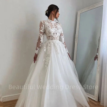 Elegant Vintage High Neck Tulle Wedding Dresses 3D Appliques Lace A Line Princess Long Sleeve Bridal Gown Robe Vestido De Novia