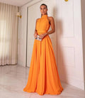 Elegant High Neck Sexy Sleeve A-line Prom Dress Light Orange 100D Chiffon Puffy Vestidos De Noche