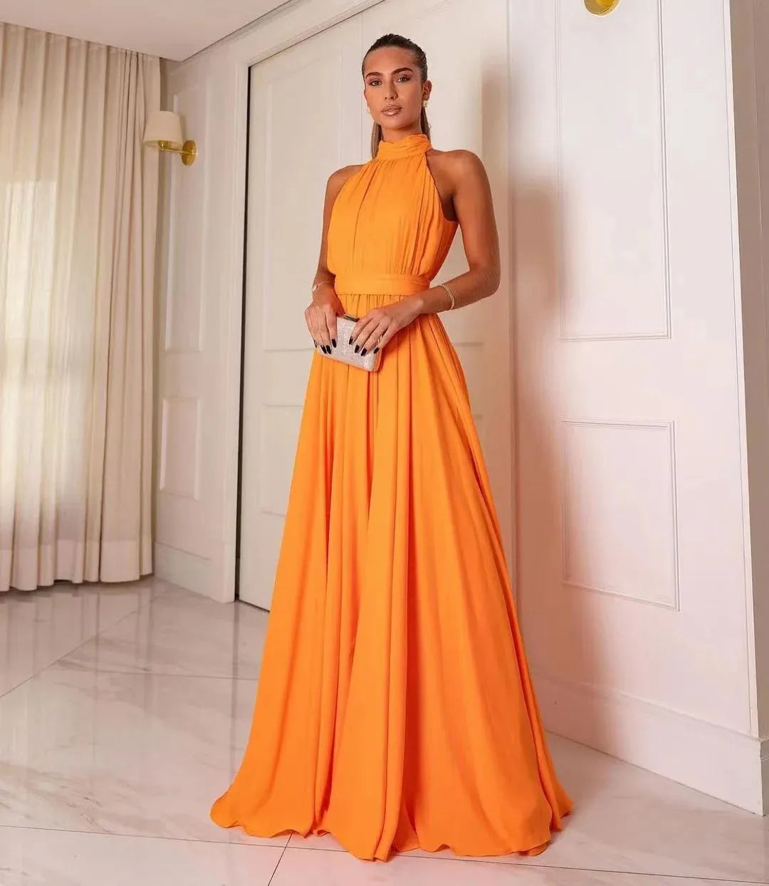 Elegant High Neck Sexy Sleeve A-line Prom Dress Light Orange 100D Chiffon Puffy Vestidos De Noche
