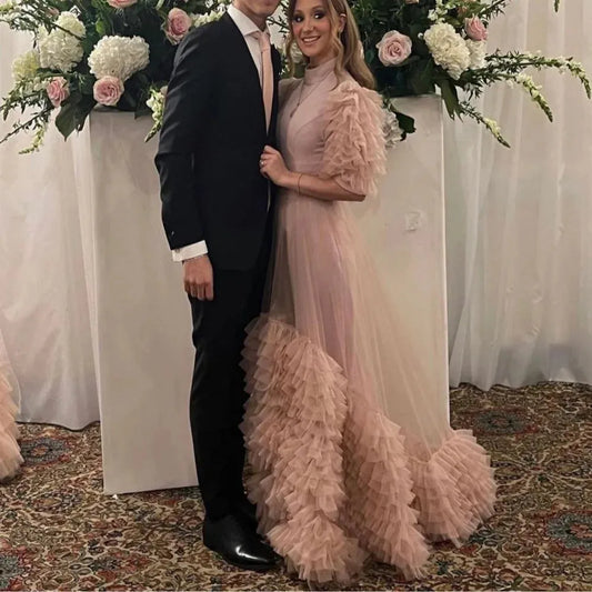 High Neck Tiered Skirt Long Prom Dresses Soft Tulle Half Sleeves Women Formal Party Gowns Floor Length Evening Dress As Picture