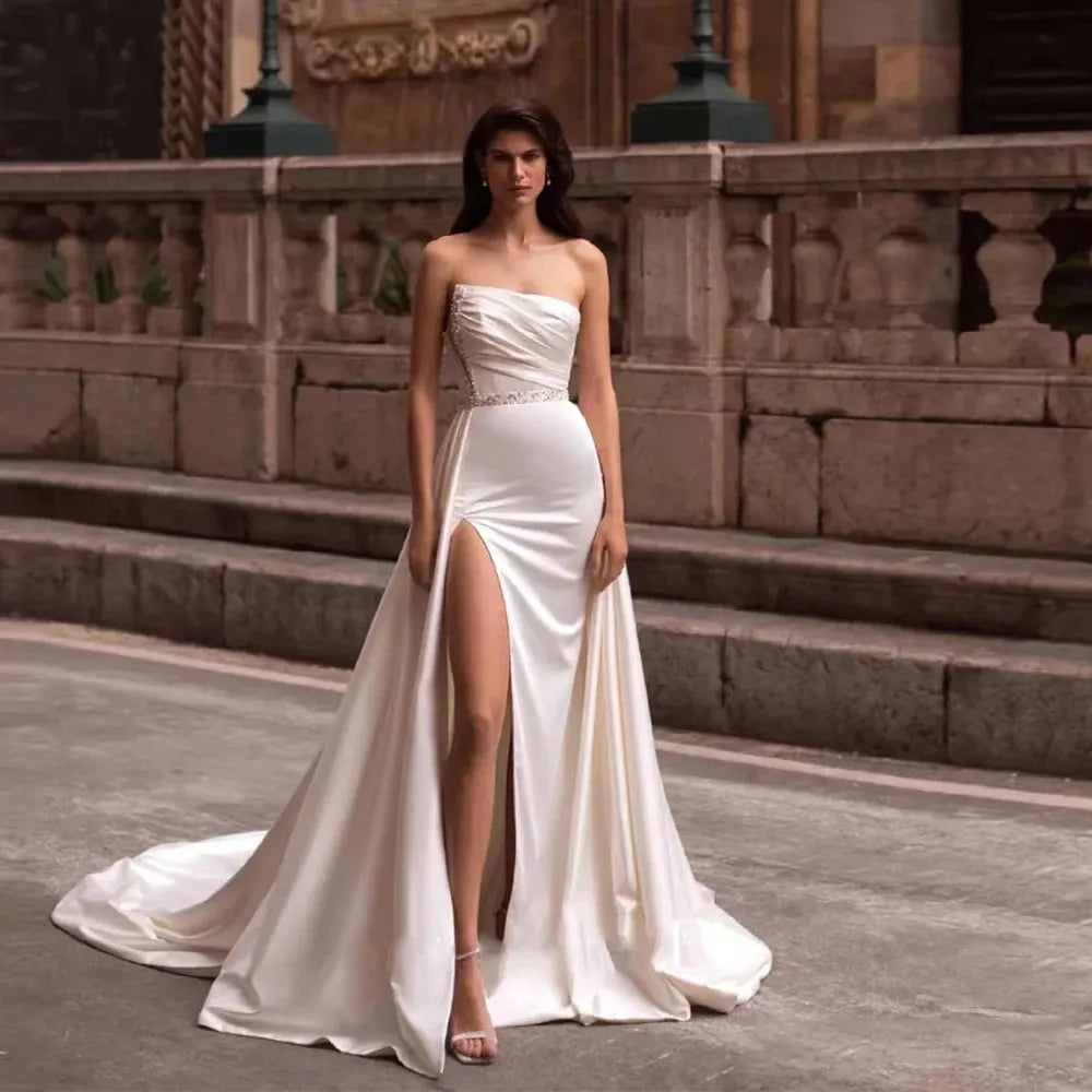 Gorgeous Women's Wedding Dresses Mermaid Sexy Side High Split Plate Satin Backless Sweep Train Formal Bride Gowns Beach Party Beige