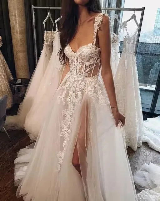 Split Vestido De Novia Tulle Beach Wedding Dresses Sweetheart Lace Suknia Slubna Robe Mariage Zipper Backless Trouwjurk