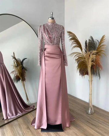 Pink Glitter vestidos de noche O-neck Mermaid Satin Prom Dresses Elegant Long Sleeves Floor-Length Formal Evening As Picture