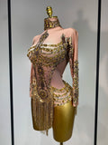 Sexy Sparkly Gold Rhinestones Tassel Bodysuit Women Celebrate Birthday Evening Party Nightclub Singer Performance Stage Costume