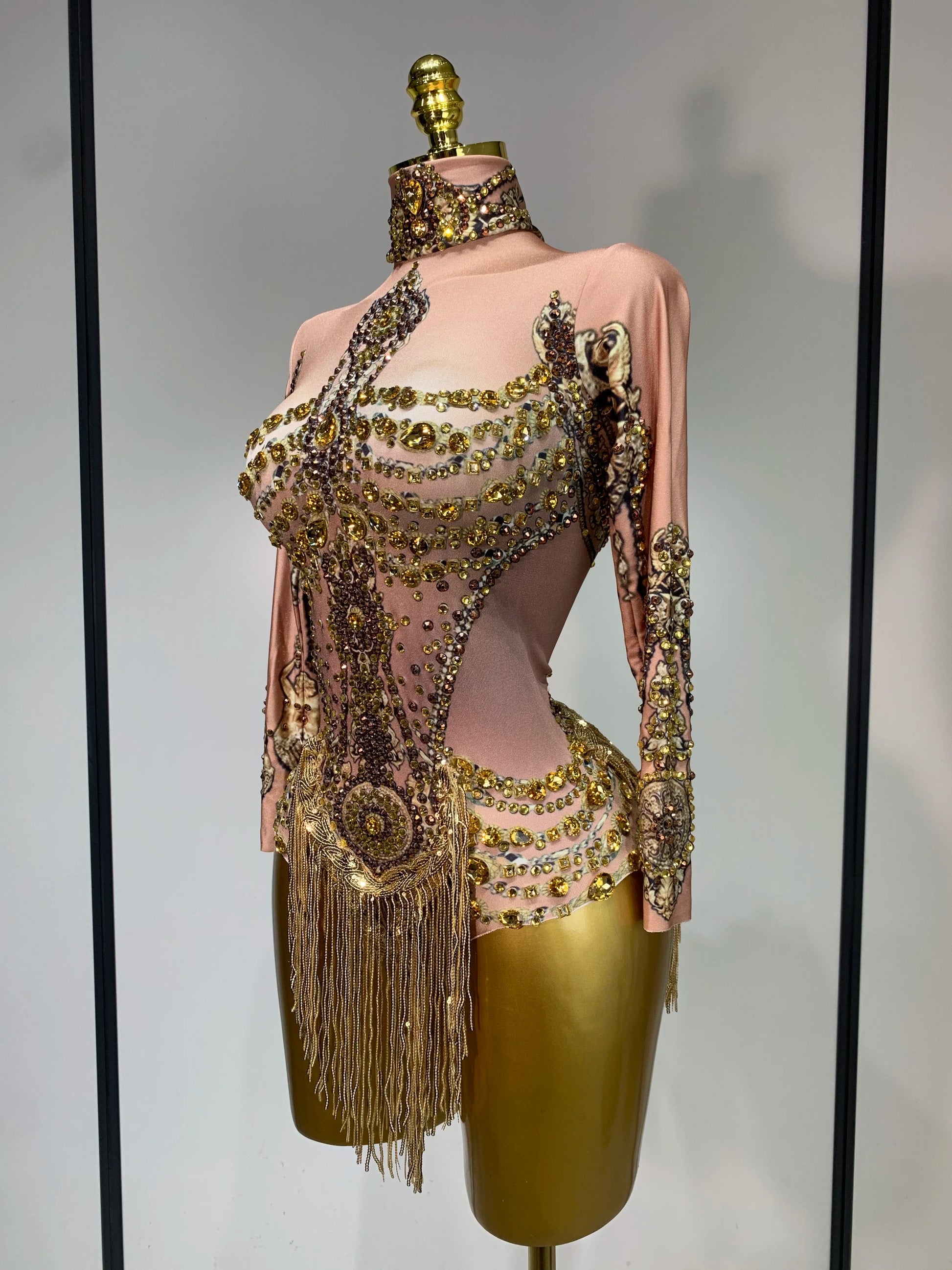 Sexy Sparkly Gold Rhinestones Tassel Bodysuit Women Celebrate Birthday Evening Party Nightclub Singer Performance Stage Costume