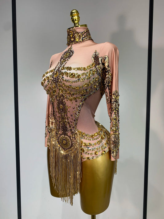 Sexy Sparkly Gold Rhinestones Tassel Bodysuit Women Celebrate Birthday Evening Party Nightclub Singer Performance Stage Costume
