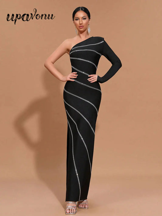 2025 Elegant Women's Hot Diamond Bandage Dress with Diagonal Collar, One Shoulder, Long Sleeve Bodycon Black Long Dress Vestidos