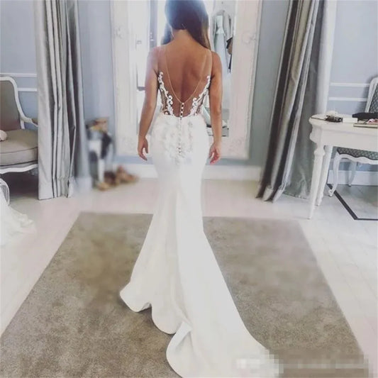 Sexy Backless V-Neck Satin Wedding Dresses For Women Sleeveeless Mernaid Lace Appliques Bride Gown Formal Evenig Party Dress