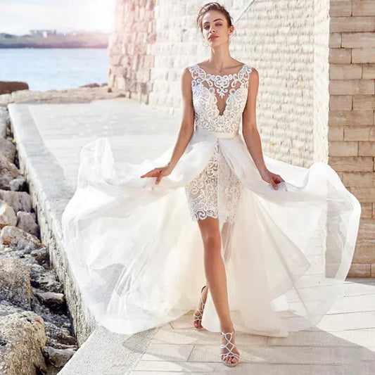 Beach 2 IN 1 Wedding Dresses Boho Vintage Lace Appliques Robe De Mariee Short Bridal Gown with Long Detachable Skirt For Bride